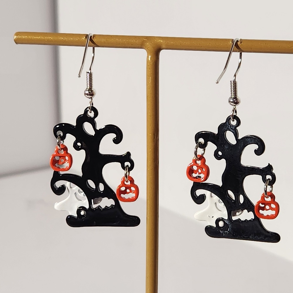 Halloween Haunted Tree Ghost Pumpkin Dangle Earrings Black Orange Spooky 2.0" - Picture 5 of 5